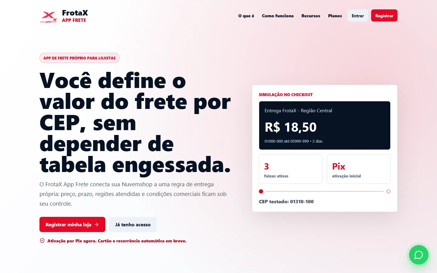 Captura real da página pública de apresentação do FrotaX App Frete